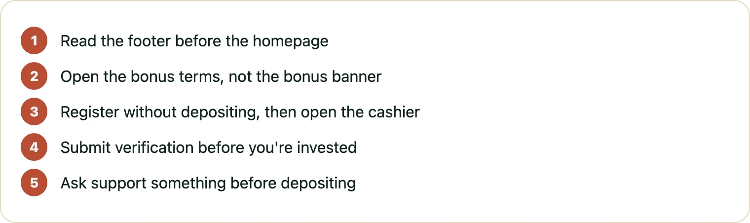Five ordered steps for checking a casino before depositing