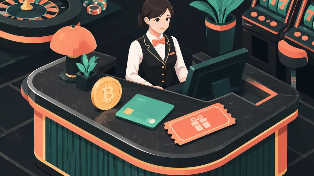Isometric casino cashier with crypto, card, and voucher