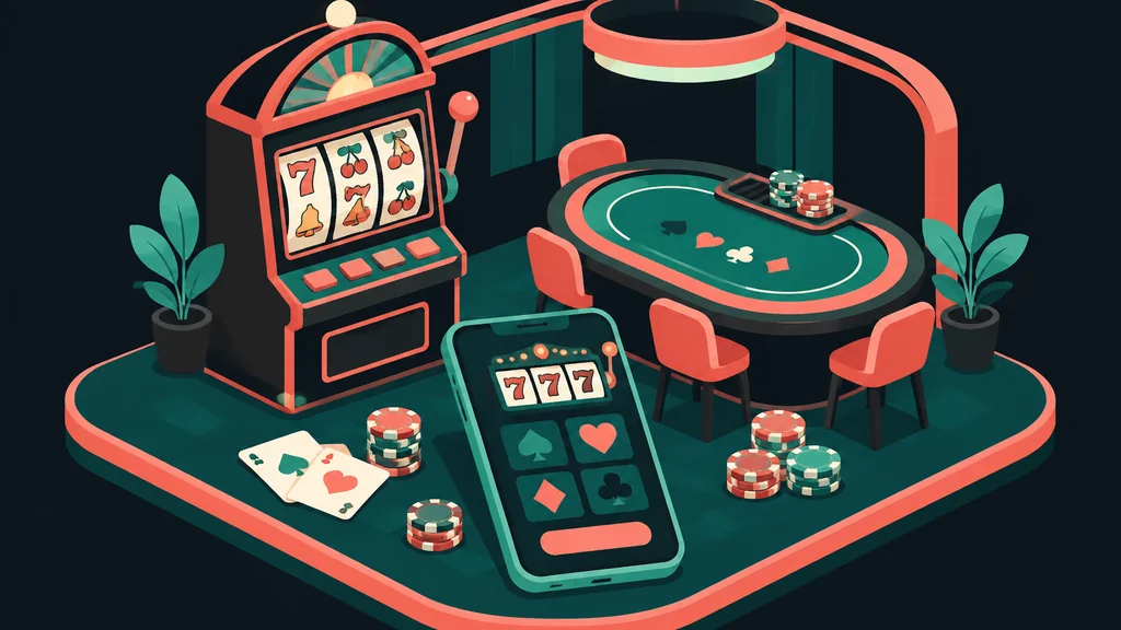 Flat isometric scene of casino games and mobile